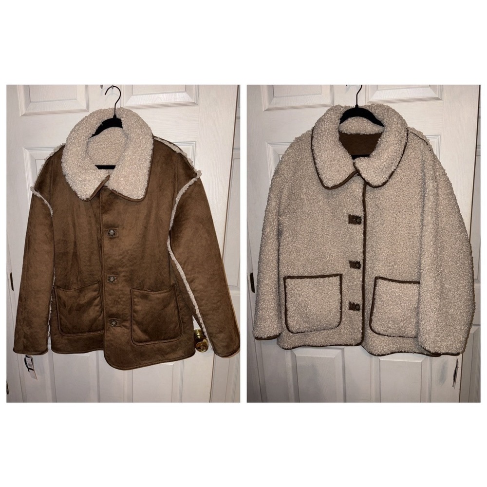 NWT BCBG Paris XL Reversible Brown / Cream Faux Shearling Coat Heavy Jacket